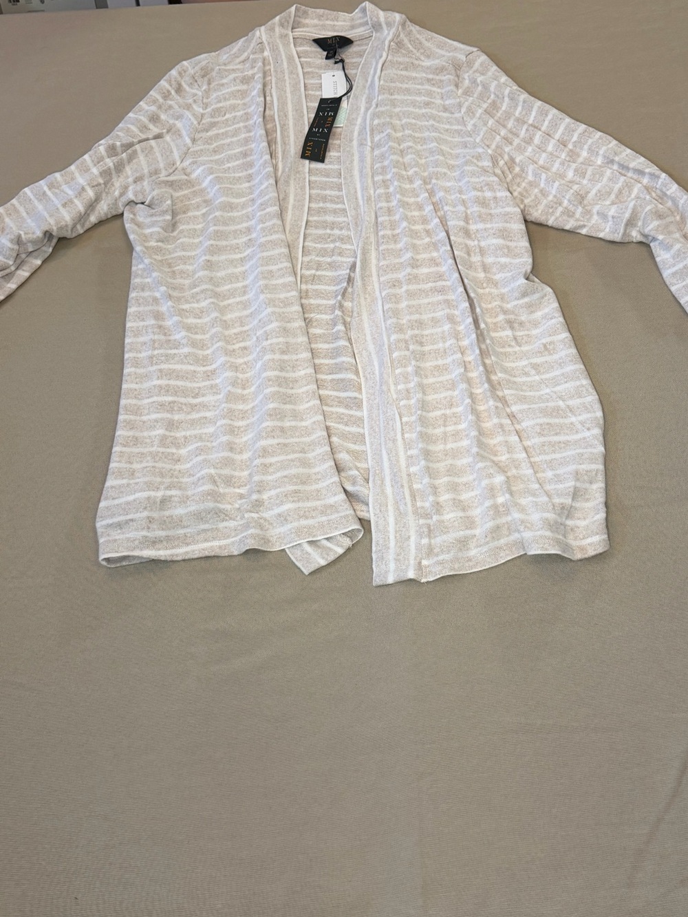 Cream and White Striped Open-Front Cardigan